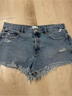 Zara Frayed Hem Distressed Denim Shorts - Blue